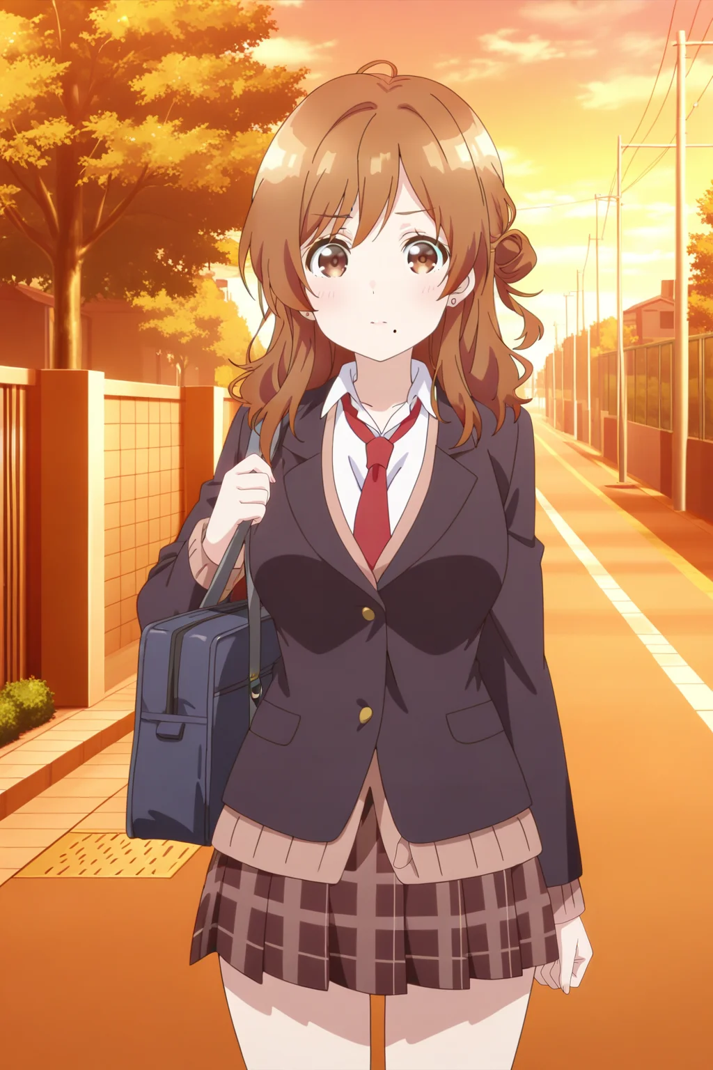 anime screenshot, izumi yuzu, 1girl, solo, brown hair, long hair, single side bun, brown eyes, mole under mouth, large breasts, school uniform, blazer, black jacket, brown cardigan, white shirt, collared shirt, long sleeves, red necktie, brown skirt, plaid skirt, pleated skirt, earrings, school bag, looking at viewer, cowboy shot, outdoors, street, sunset, masterpiece, best quality, high quality, highres, absurdres, <lora:izumi_yuzu_ILXL:0.9>