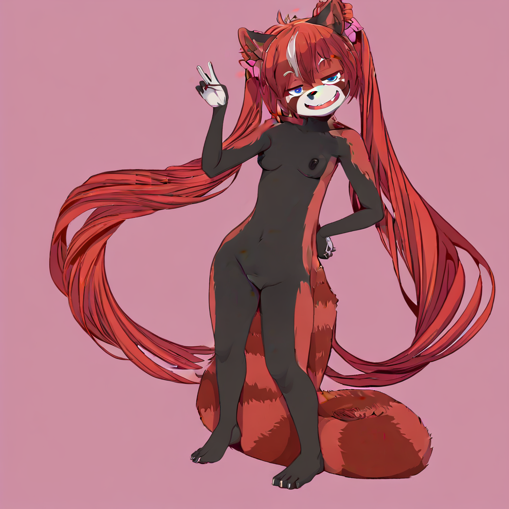 red panda, ailurid, red hair, twin tails, red body, red fur, black body, black fur, multicolored body, multicolored fur, small breasts, nipples, dark nipples, pussy, clitoris, cleft of venus, nude, sitting down, solo, looking at viewer, blue eyes, red panda ears, red panda tail, smiling