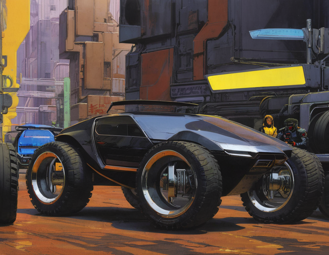 <lora:syme:0.8>syme, retrofuturistic car, cyberpunk street, people, offroad tires