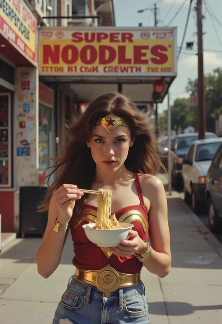 amateur photo of Wonder Woman eating a bowl of noodles with chopsticks while hovering above the ground near a noodles shop, with the name board "SUPER NOODLES". she has a serious look on her face. the photo is taken on a bright summer day in early 2000s by an old phone camera, so it has an amateur old look. <lora:retrograde-90s:0.85> retr0grade90s
