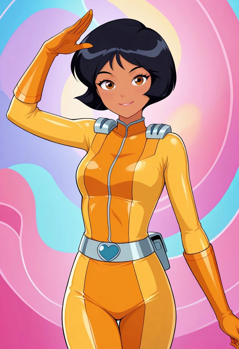 screencap, flat colors, official art, masterpiece, best quality, amazing quality, very aesthetic, high resolution, ultra-detailed, absurdres, newest,
alex_totally_spies, short hair, black hair, brown eyes, dark-skinned female, 1girl, solo, yellow bodysuit, sexy, beautiful, detailed, high detailed, very beautiful, detailed face, detailed eyes, detailed hand, abstract background, smile, posing, pose, looking at viewer, face focus