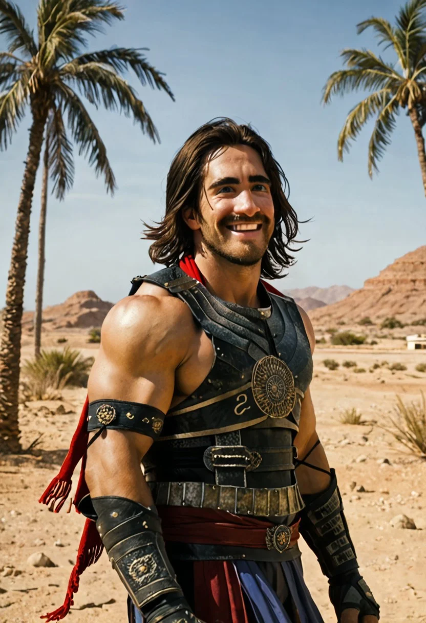 masterpiece, best quality, amazing quality, intricate details, Dastan, armor, muscular male, bara, smile, facial hair, eye sparkle, windblown, scarf, desert, day, palm tree,