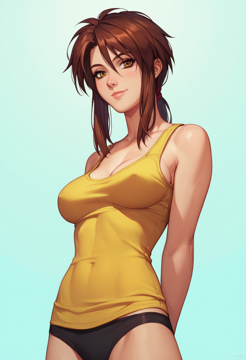 score_9, score_8_up, score_7_up, score_6_up, 1girl, solo, Priss, yellow tank top, underwear, sidelocks, detailed eyes, perfect face, perfect eyes, sexy, sexy girl, beautiful eyes, petite body, medium breasts, standing, arms behind back, posing, light smile, simple background, from below, dynamic angle  <lora:Priss Asagiri _ Bubblegum Crisis Tokyo 2040_epoch_10:1>