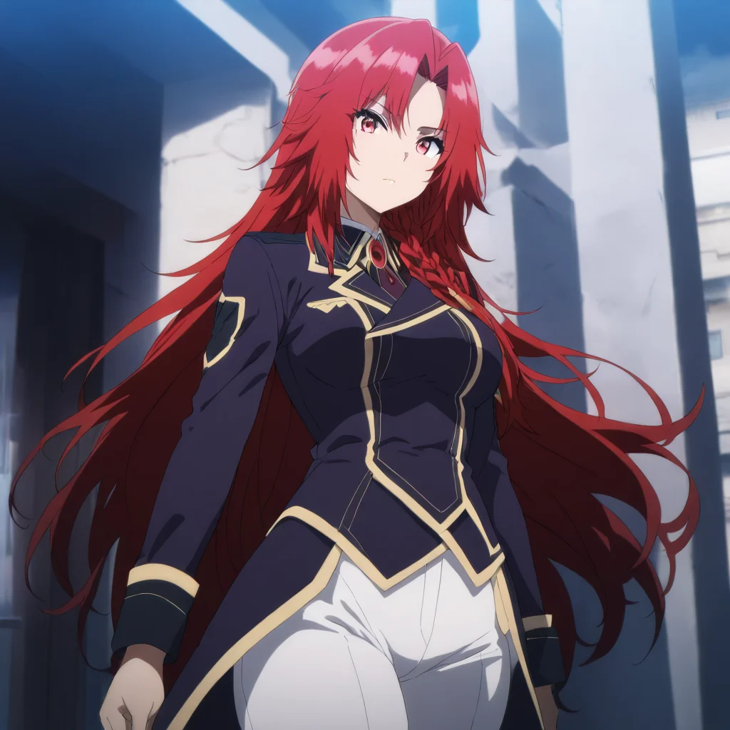 solo,anime coloring,looking at viewer,cowboy_shot,masterpiece,high score,great score,absurdres,<lora:Iris_Midgar ag4o:1> iris_midgar, long hair, red hair, braid, red eyes,uniform,white pants,boots,