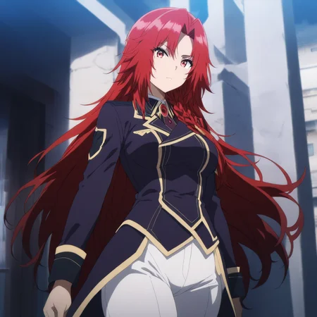 solo,anime coloring,looking at viewer,cowboy_shot,masterpiece,high score,great score,absurdres,<lora:Iris_Midgar ag4o:1> iris_midgar, long hair, red hair, braid, red eyes,uniform,white pants,boots,