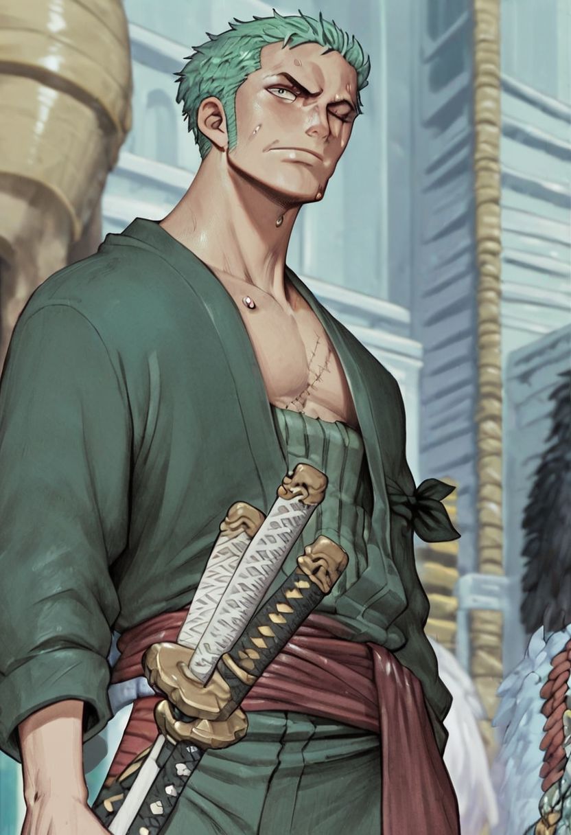 score_9, score_8_up, score_7_up ,score_6_up, ( GREEN CLOTHES:1.4) standing looking horizont melancolic in beach, 3 Katanas