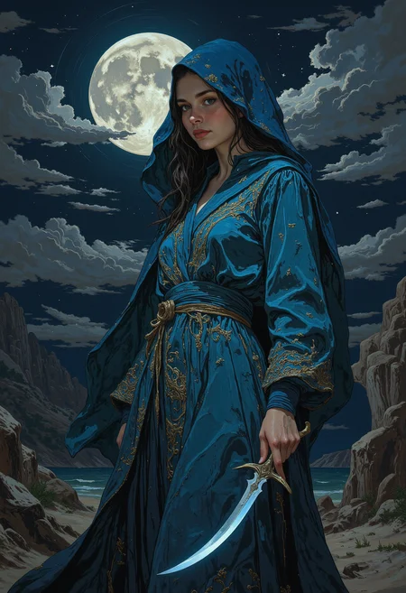 A mystical assassin dressed in flowing silk robes, standing under a silver full moon. She holds a slender, curved dagger in her right hand, the blade shimmering with a faint blue light. The robes are intricately detailed, with gold embroidery weaving through the soft, deep blue silk, flowing gently in the night breeze. Her face is hidden behind a silk veil, only her sharp eyes visible, reflecting the moonlight. The moon is large and luminous, casting a pale glow over her figure, while shadows of clouds swirl around it, adding mystery to the scene. The atmosphere is serene yet dangerous, with a soft glow from the moon contrasting against the dark, starry sky.  <lora:FLUX-daubrez-DB4RZ:0.83> DB4RZ, DB4RZ style painting, <lora:ILLUSTRATION_2_FLUX v2:0.53> <lora:Fantastic Realism - s0_8 g4:0.43> f4nt4st1c,