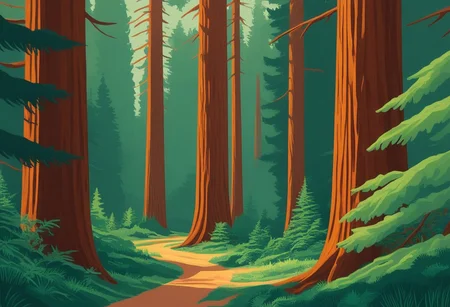Silkscreen, ((WPA style)), (national parks style), vivid natural colors, limited color palette, painting, (Redwood Forest)