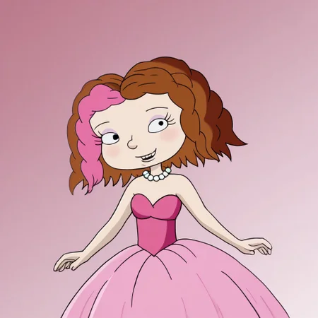 1girl, solo, short hair, brown hair, two-tone hair, pink hair, black eyes, Very long large straight tulle pink princess ball gown hoop skirt, ball gown hoop skirt, pink princess dress, white pearl necklace, hoopdress, my big princess gypsy wedding dress, ballgown, a girl in a dress posing like a princess for a picture, wearing a sleeveless ballgown, looking at viewer