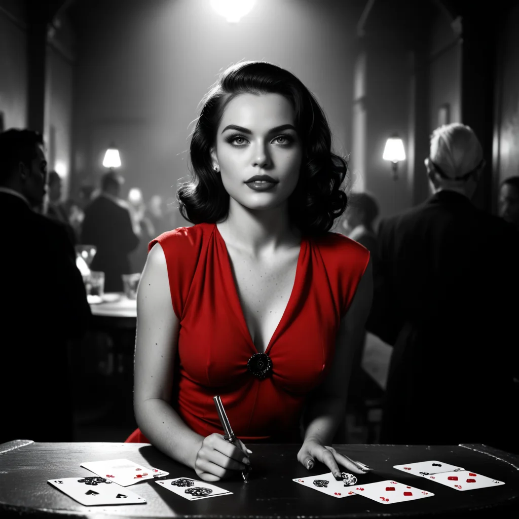 nstylev2, Film noir style, ultra realistic, ultra defined textures, monochrome, dynamic posing, a curvy blond with freckles, a woman in a blood-red dress walks into a smoky underground club, the room falling silent as she glides past card tables and wary eyes. At the back, a man waits for her, a revolver resting on the table between them. She leans down, placing a single playing card over the barrelâan ace of spades. The dim lighting casts long, dramatic shadows as she whispers in his ear, tracing his jaw with her fingertips <lora:Noir-Style_FilmPhotography_V1_-_Pony-000010:0.8>