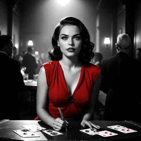 nstylev2, Film noir style, ultra realistic, ultra defined textures, monochrome, dynamic posing, a curvy blond with freckles, a woman in a blood-red dress walks into a smoky underground club, the room falling silent as she glides past card tables and wary eyes. At the back, a man waits for her, a revolver resting on the table between them. She leans down, placing a single playing card over the barrelâan ace of spades. The dim lighting casts long, dramatic shadows as she whispers in his ear, tracing his jaw with her fingertips <lora:Noir-Style_FilmPhotography_V1_-_Pony-000010:0.8>