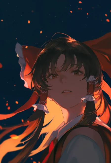 1buk1s4tsuk1, masterpiece, best quality, good quality, newest, very awa, absurdres, highres, 1girl, hakurei reimu , touhou, close-up, night, underlighting, star \(sky\), ginko leaf, brown eyes, wind, looking at viewer, parted lips, dark theme, facing the viewer, orange theme