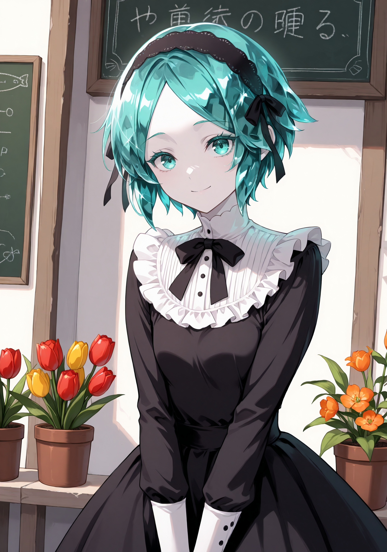 masterpiece, best quality, 1girl, solo, androgynous, ph0s, pale skin, colored eyelashes, crystal hair, aqua hair, short hair, parted bangs, gothic, goth fashion, black dress, frills, hairband, flower shop, outdoors, storefront, flower pot, potted plant, shelf, tulip, orange flower, red flower, (breasts squeezed together), (v arms), long sleeves, chalkboard sign, dutch angle, aqua eyes, looking at viewer, closed mouth, smile