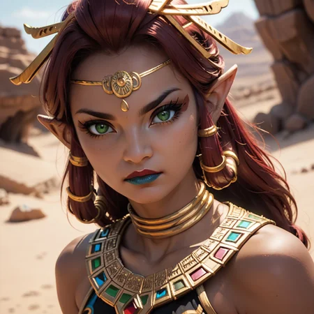 score_9, score_8_up, score_7_up, score_6_up, riju, 
1girl, solo, looking at viewer, long hair, gold, jewelry, green eyes, red hair, pointy ears, dark-skinned female, makeup, lipstick,  neck ring, blue lips, breasts
cowboy shot, dutch angle, desert background, lightning, SK_Fantasy, attack pose,