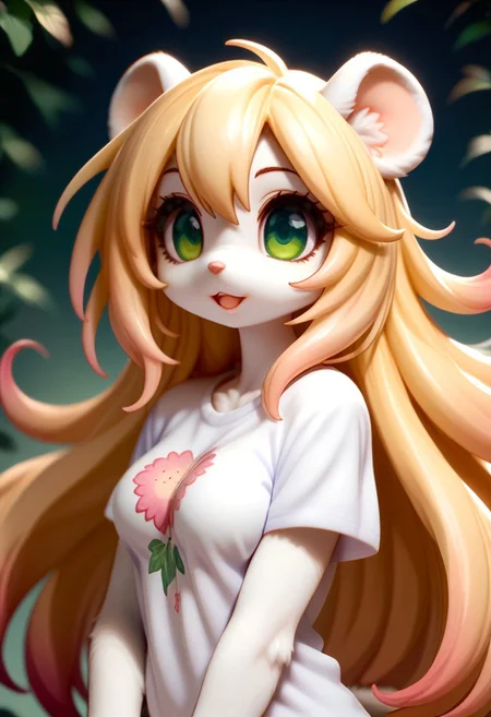 score_9, score_8_up, score_7_up, source_furry, FMW1, fluffy, painterly, vibrant details, outdoors, park,, Chloe, 1girl, solo, (medium breasts:2), (long hair, blonde hair, gradient hair:2), animal ears, (green eyes, gradient eyes:1.5), furry female, mouse ears, mouse girl, mouse tail, body fur ,white fur, bangs, animal nose, buck teeth, 
upper body, headshot, long eyelashes, wide smile, open mouth, 
(lace trim, violet print t-shirt:1.5), hand on own face, looking at viewer, kftenhance,