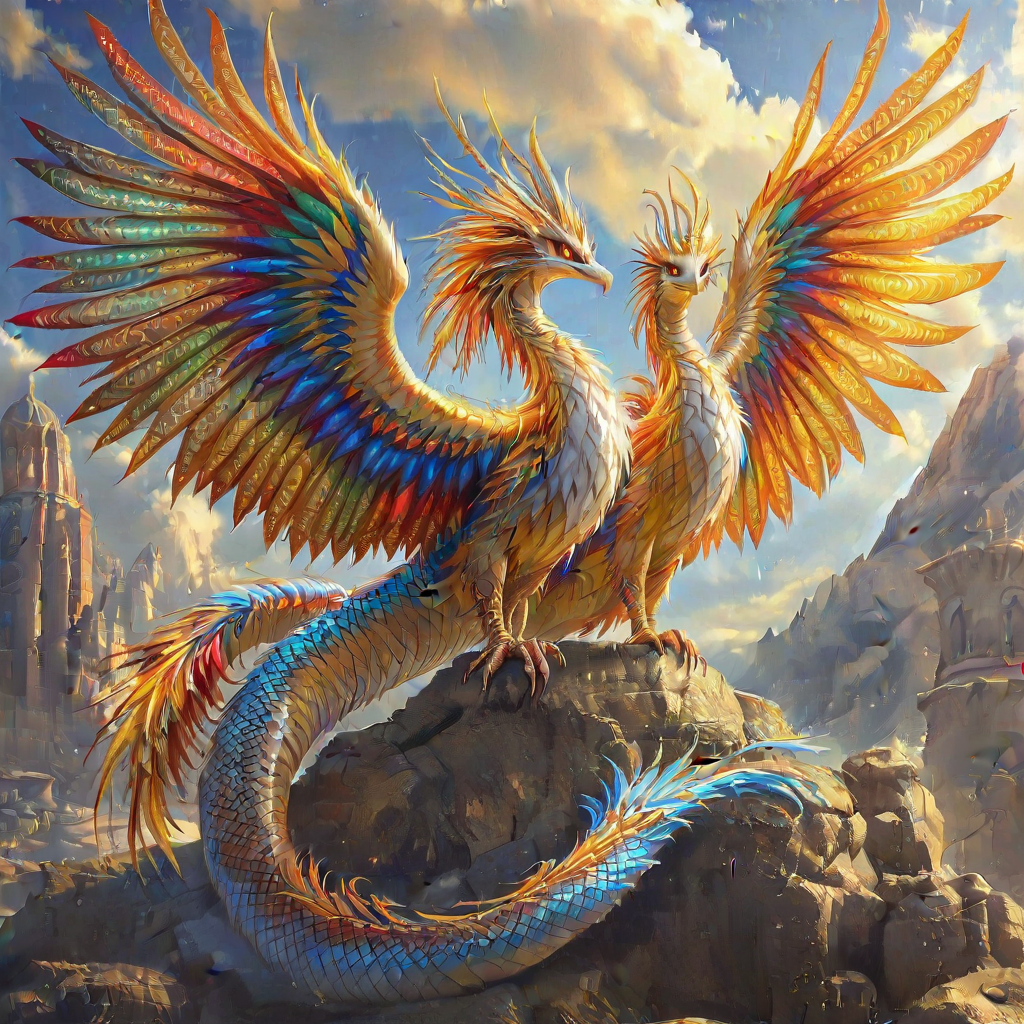 A pair of majestic creatures known as the Sapient Seraphyr, a breed of feathered beings that exude an aura of regal authority and scholarly grace. With wings that stretch wide in a mesmerizing display of vibrant gold, red, and blue feathers, each iridescent plume shimmers as it catches the light, revealing an ever-changing spectrum of colors. Their eyes are large and wise, filled with an intelligent gaze that pierces the soul, speaking volumes of their ancient knowledge and understanding of the world. Their serpentine bodies, long and lithe, are adorned with smooth, metallic scales that glint in the sunlight, hinting at their formidable strength. These enigmatic rulers of the skies are often found perched atop grand, ancient structures, surveying their realm with a sense of unshakeable dominion. When they take flight, their movements are a dance of fluid elegance, their tails trailing a stream of glittering scales that leave a path of sparkling light in their wake. The Sapient Seraphyr are revered not only for their beauty but also for their role as guardians of wisdom and custodians of peace, their very presence serving as a symbol of harmony between the realms of the heavens and the earth below.