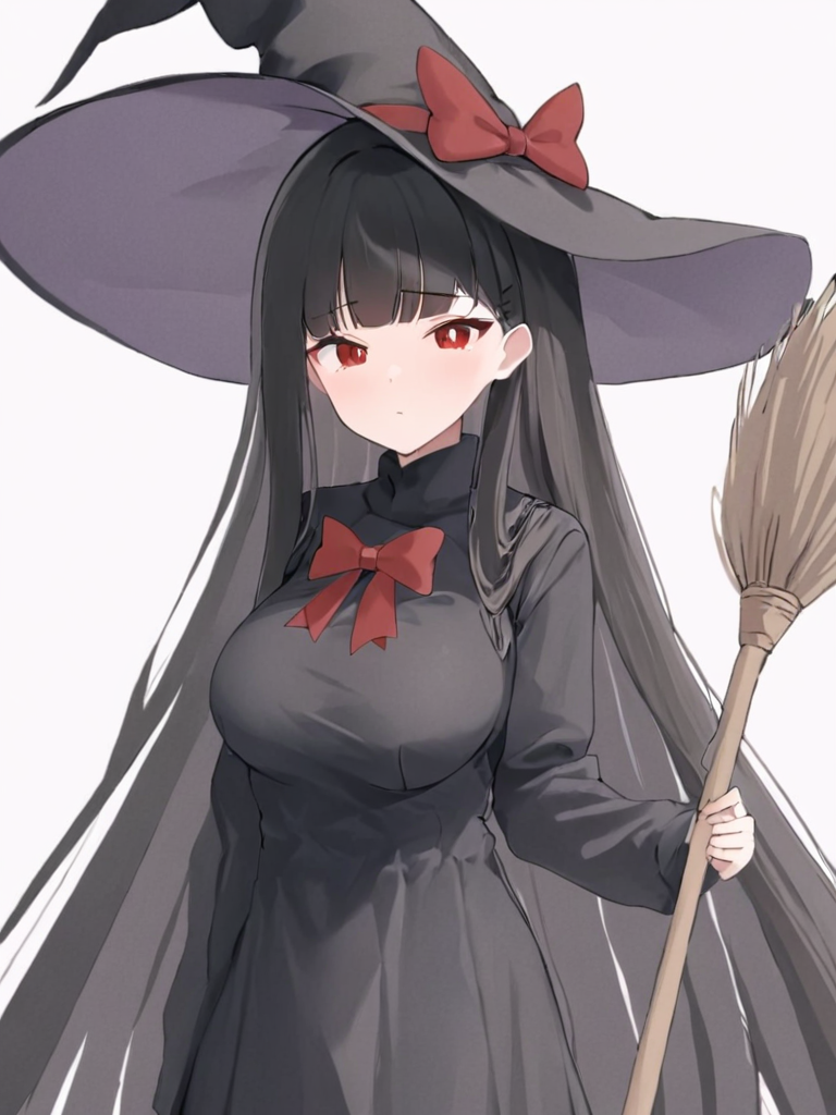 <lora:linyin:1>,1girl,hat,long_hair,red_eyes,witch_hat,witch,black_hair,solo,dress,holding,bangs,black_dress,broom,white_background,breasts,looking_at_viewer,red_bow,black_headwear,simple_background,very_long_hair,blunt_bangs,bow,closed_mouth,long_sleeves,