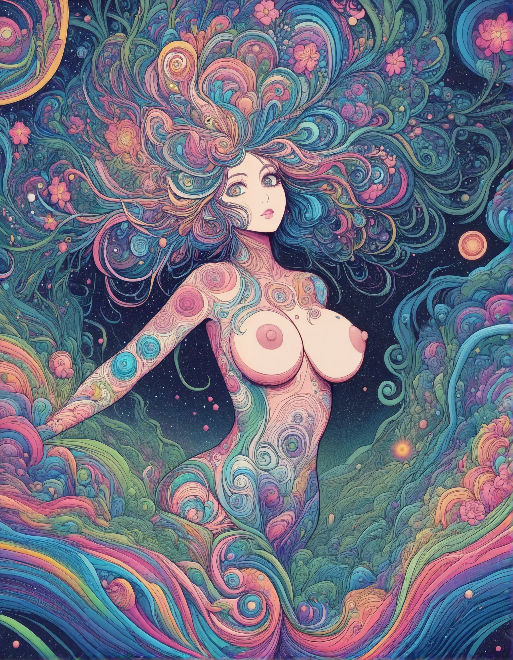 trippy artwork, illustration, flat colors, bold lines, abstract, vibrant, angled side view, 1girl, looking at viewer, beautiful face, messy hair, large colorful eyes, covered in colorful tattoos, perfect body, large breasts, large nipples, nude, dynamic position, floating in outer space, nebulae, alien vegetation, mandala blossoms, entangled in vines, stars, high contrasts