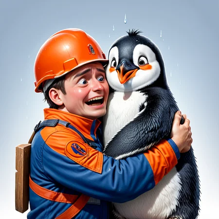 Illustration jugendfeuerwehr man hugging a crying penguin in tears <lora:Jugendfeuerwehr:1> <lora:add_detail:1>