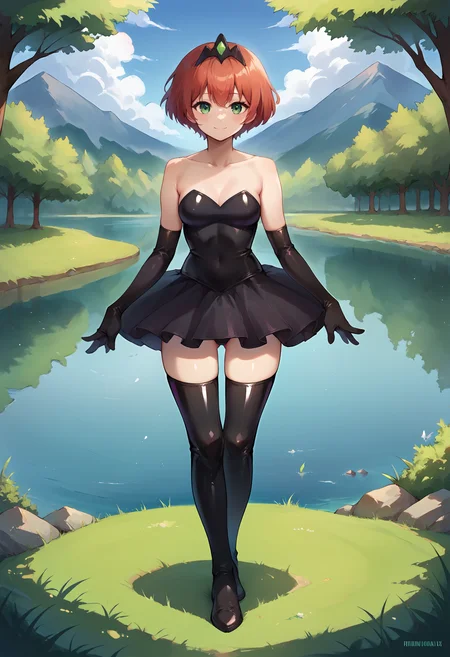score_9, score_8_up, score_7_up, score_6_up, source_anime, 1girl, solo,
outdoors, grass, tree, lake,
BREAK
closed mouth, light smile,
red hair, short hair, green eyes,
black f4ux-latex, tutu, ballerina, bodysuit, thigh boots, elbow gloves, bare shoulders, green p0d tiara,
standing, full body,
<lora:faux-pod-aio10:0.8><lora:tutu-ponyxl-lora-nochekaiser:0.8>