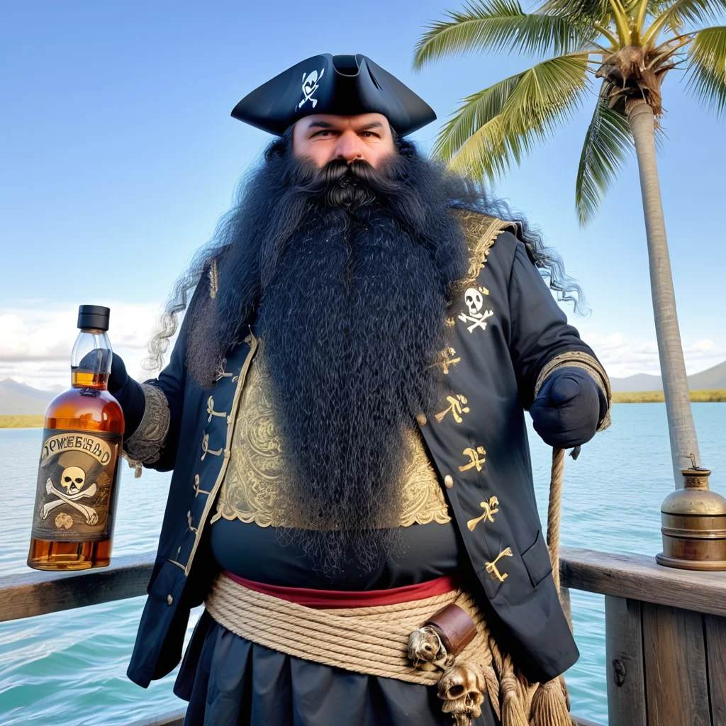 powerbeard, pirate captain, 17th century, long black wig, tall, burly, black hair, hairy arms, galleon, standing on main deck, skull and crossbones flag, jolly roger, rigging, rope coil, half full antique rum bottles, tropical inlet, aqua water, sun reflections on water, late afternoon, palm trees, distant mountains, detailed background, shadows<lora:Power_Beards:1>