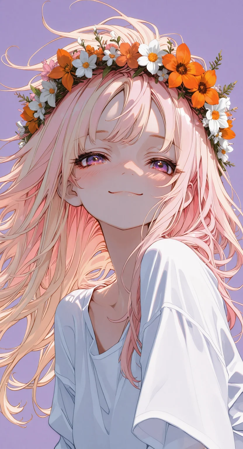 masterpiece, best quality, amazing quality, 1girl, solo, long hair, looking at viewer, blush, smile, simple background, shirt, blonde hair, closed mouth, white shirt, upper body, pink hair, flower, floating hair, pink background, white flower, portrait, purple background, head wreath, orange flower, flower wreath <lora:noobai_ep11_stabilizer_v0.138_fp16:0.3> <lora:ppw_v7_noobVv1.0:0.5> <lora:XXX667:0.5> <lora:lpc_v10:0.4> <lora:CrypticHue:1>