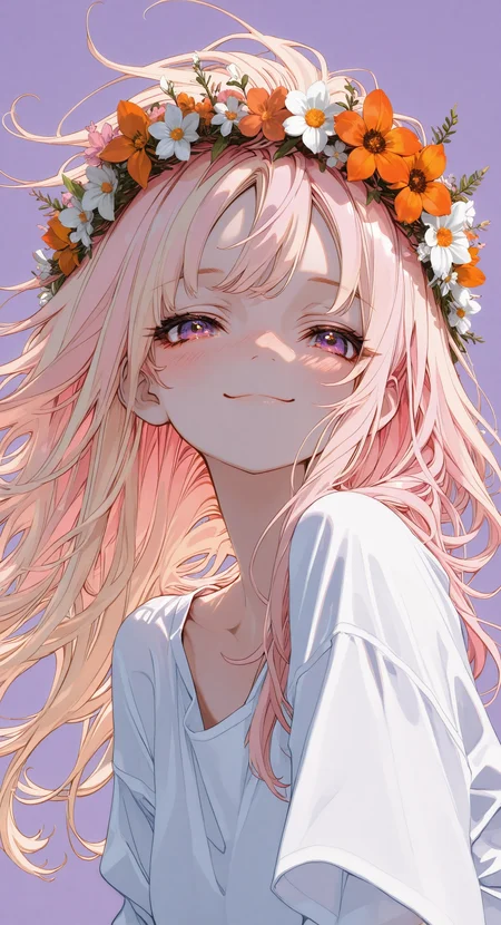 masterpiece, best quality, amazing quality, 1girl, solo, long hair, looking at viewer, blush, smile, simple background, shirt, blonde hair, closed mouth, white shirt, upper body, pink hair, flower, floating hair, pink background, white flower, portrait, purple background, head wreath, orange flower, flower wreath <lora:noobai_ep11_stabilizer_v0.138_fp16:0.3> <lora:ppw_v7_noobVv1.0:0.5> <lora:XXX667:0.5> <lora:lpc_v10:0.4> <lora:CrypticHue:1>