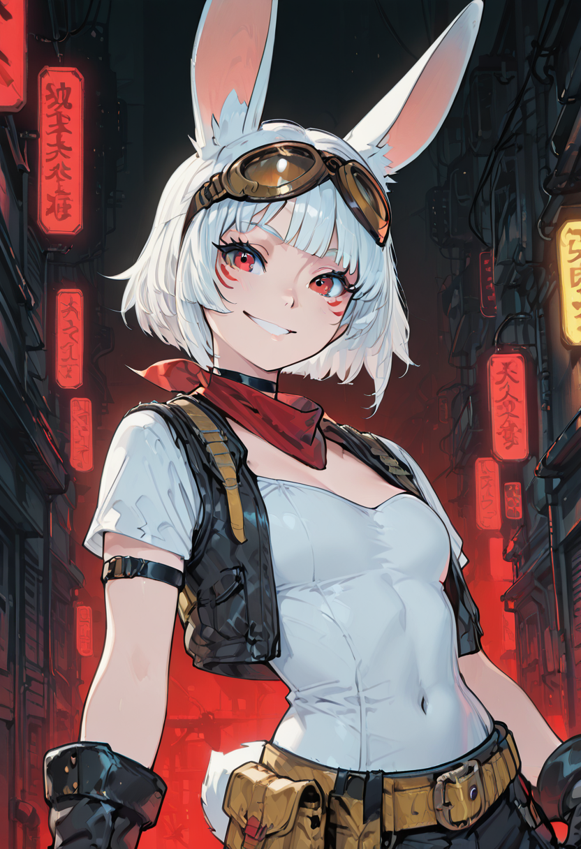 masterpiece, best quality, 1girl, solo, eyelashes, (beautiful eyes),    Silvacitronoc, red eyes, white hair, short hair, rabbit ears, rabbit girl, animal nose,    goggles on head, black gloves, black jacket, white shirt, open clothes, yellow belt,     <lora:SilvaCitronOC_IXL:1.0>,