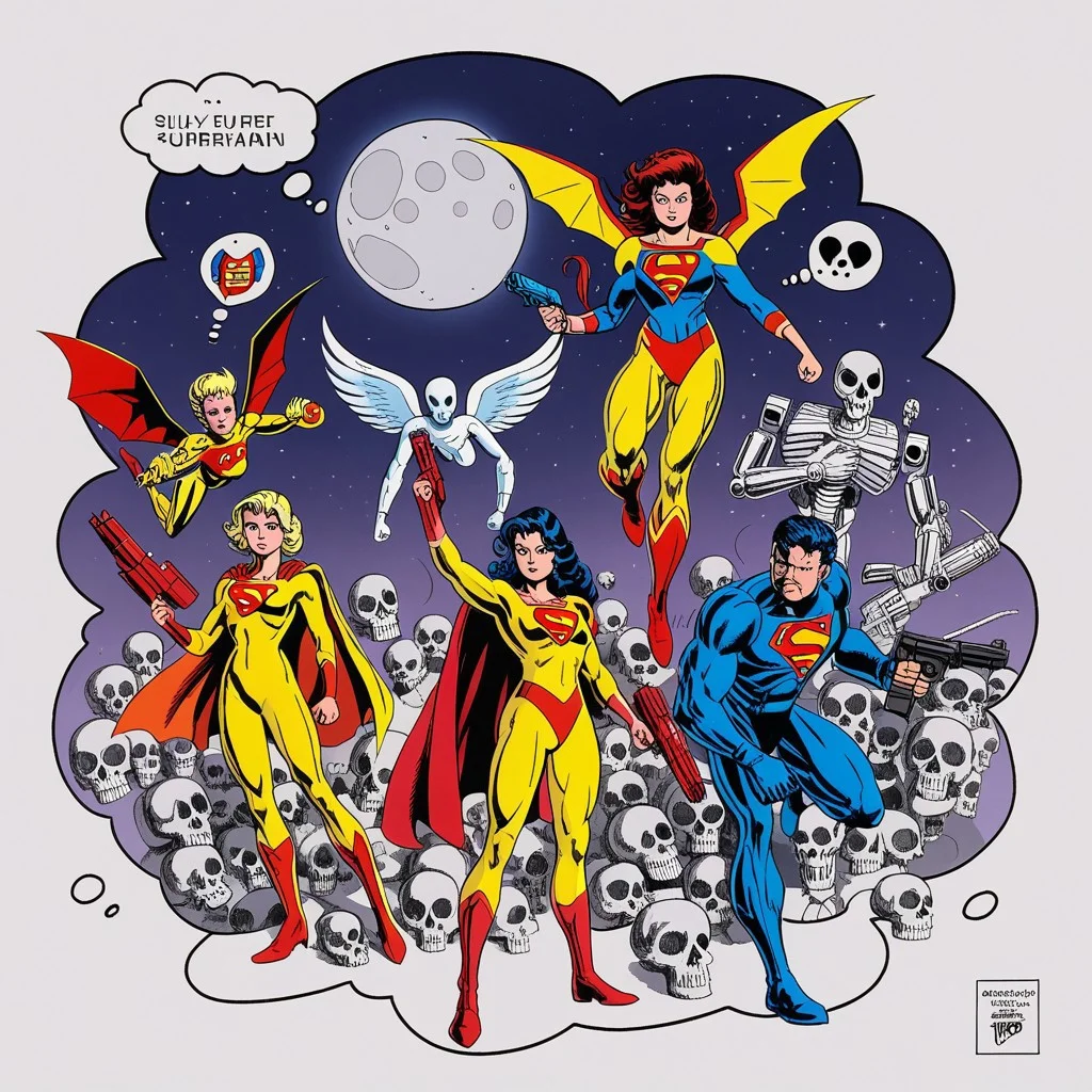 yellow bodysuit, dc, animification, super hero, holding weapon, multiple girls, thought bubble, holding gun, wings, moon, super girl, robot, skull, classic comics from the 90s, silk