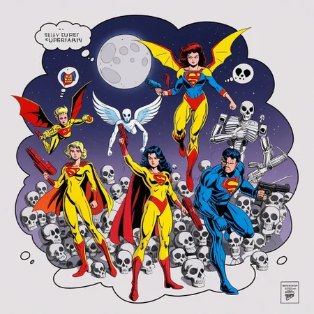 yellow bodysuit, dc, animification, super hero, holding weapon, multiple girls, thought bubble, holding gun, wings, moon, super girl, robot, skull, classic comics from the 90s, silk