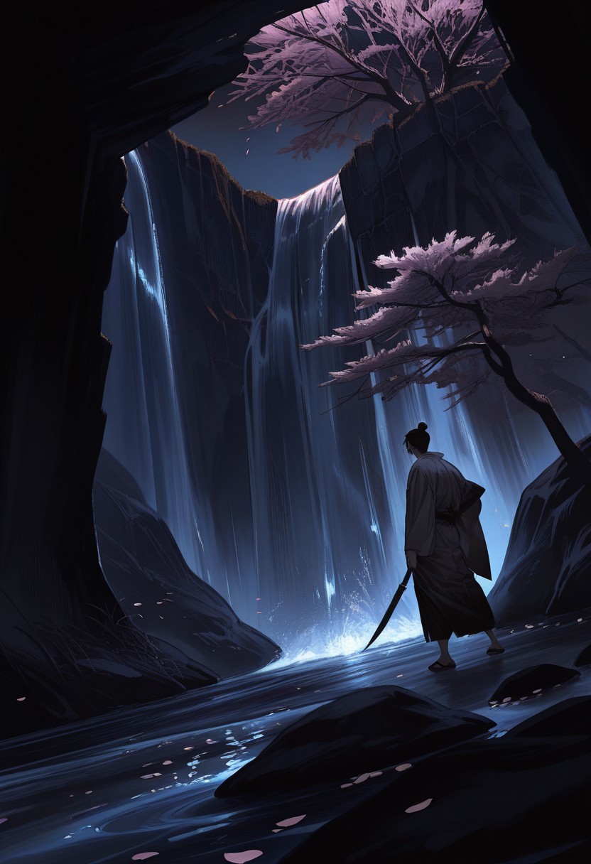 WALLPPR_ST, masterpiece, best quality, very aesthetic, high resolution, ultra-detailed, absurdres, newest, detailed eyes, beautiful, perfect lighting, hi res, amazing quality, very awa, painting_(artwork), dynamic angle, dynamic pose, WALLPPR_ST, detailed background, water, scenery, outdoors, 1boy, standing, night, male focus, rock, tree, holding, waterfall, petals, weapon, dark, wide shot, japanese clothes, river, cherry blossoms