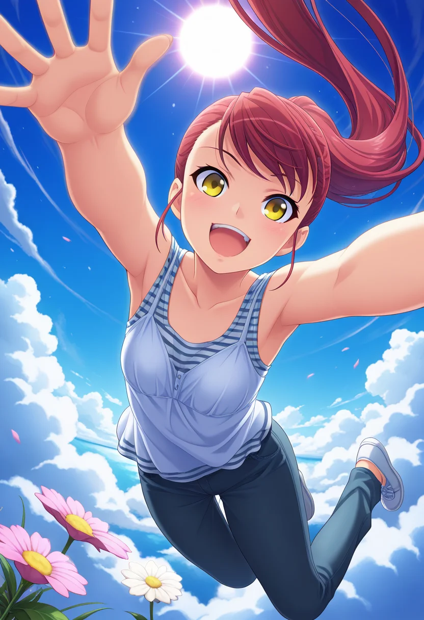 masterpiece, best quality, amazing quality, 1girl, solo, sayaww, yellow eyes, red hair, long hair, very long hair, ponytail, small breasts, striped shirt, sleeveless shirt, pants, <lora:Niimi_Saya_Alea_ill:0.9>, falling, midair, dynamic pose, hugging pose, spread arms, reaching out, flying towards viewer, looking at viewer, smile, open mouth, excited, cheerful, perspective, foreshortening, motion blur, outdoors, day, sun, blue sky, cloud, flower, skindentation, detailed clothing folds, depth of field, sharp, high contrast, dynamic light