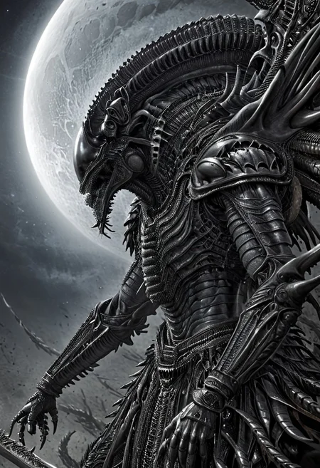A closeup of fantastical image of a Xenomorph knight, clad in flowing, flowing robes, wielding an ornate, ornate blade. they wield the sword in a fluid, dynamic motion. The moon's reflection highlights their magical power, solo, wide angle, art by hr giger