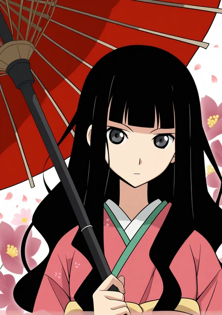 masterpiece, best quality, absurdres, perfect lighting,shiny skin,<lora:spo_sdxl_10ep_4k-data_lora_webui:0.6>,1girl,itoshiki_rin,long hair, black hair,wavy hair, blunt bangs,black eyes,<lora:itoshiki_rin:0.8>,japanese clothes, kimono,flower_background,oil-paper umbrella,oil-paper,official art, anime coloring,