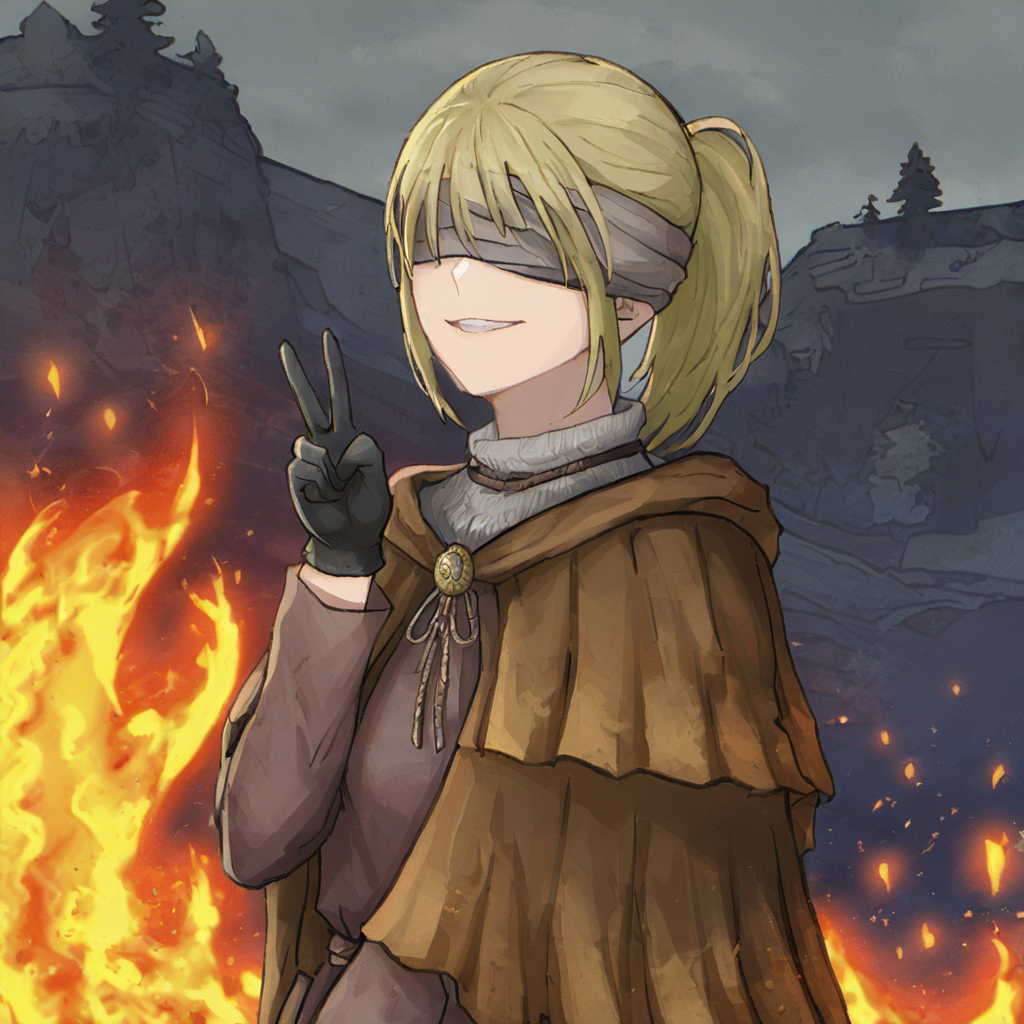 <lora:HyettaV2:0.8>,1girl,elden ring,short ponytail,grey blindfold,covered eyes,hide capelet,grey cloak,black gloves,evil smile,looking forward,standing,V,hands up,trees on fire in background,