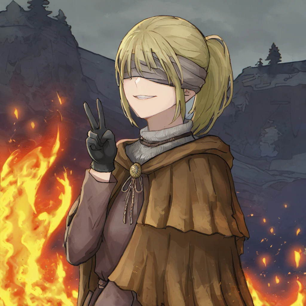 <lora:HyettaV2:0.8>,1girl,elden ring,short ponytail,grey blindfold,covered eyes,hide capelet,grey cloak,black gloves,evil smile,looking forward,standing,V,hands up,trees on fire in background,