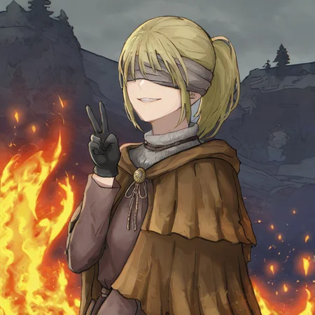 <lora:HyettaV2:0.8>,1girl,elden ring,short ponytail,grey blindfold,covered eyes,hide capelet,grey cloak,black gloves,evil smile,looking forward,standing,V,hands up,trees on fire in background,