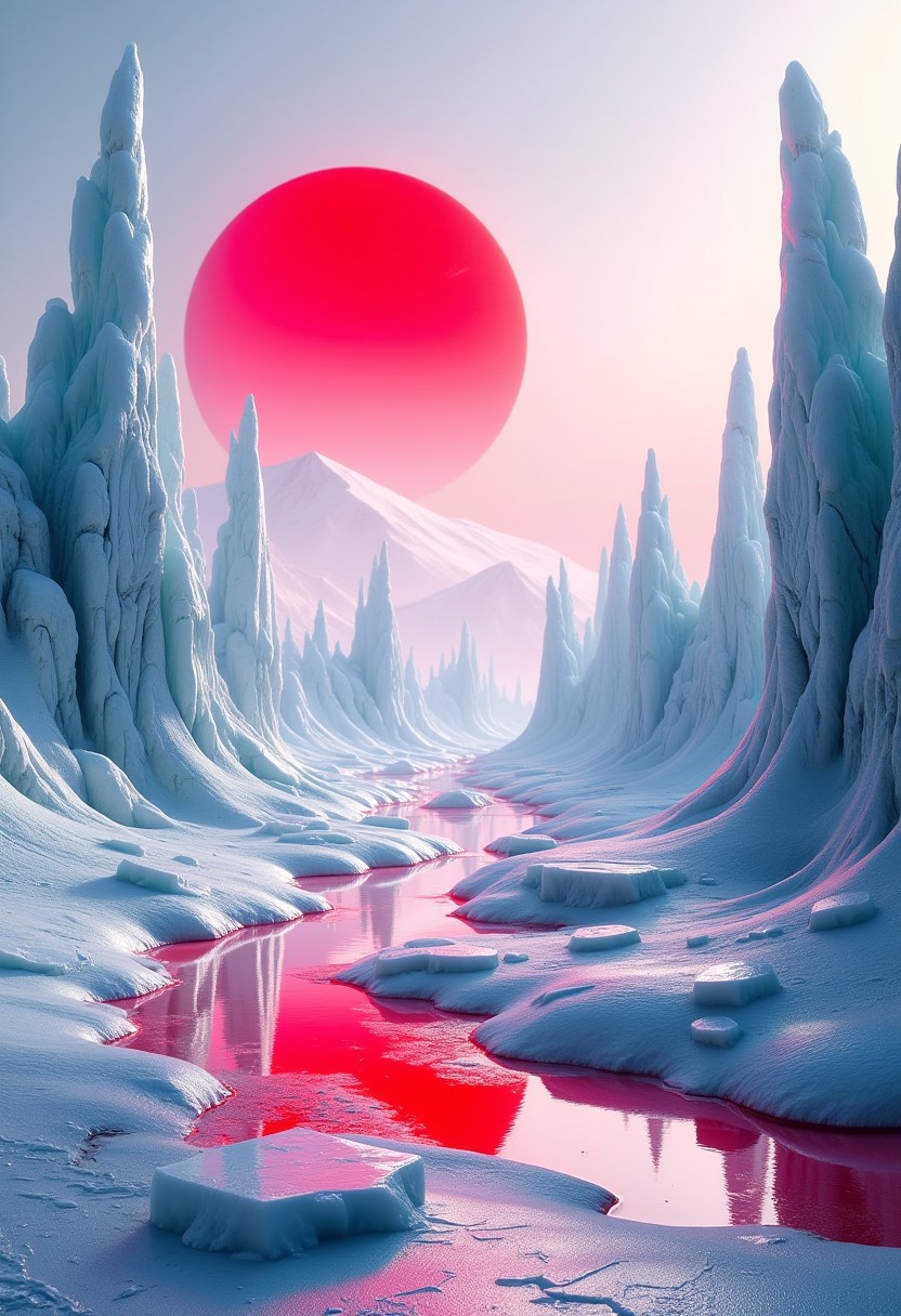 Imagine a futuristic landscape dominated by sharp, crystalline ice structures jutting dynamically from the ground, resembling natural ice formations with a precise and elegant aesthetic. The scene is characterized by reflective, cool-toned surfaces in shades of silver and icy blue, which shimmer with ethereal light, evoking the essence of a frozen world.
The ground and structures feature geometric, faceted designs that add depth and complexity to the landscape. The interplay of light and shadow across these surfaces enhances the icy appeal, creating a visually engaging environment. 
Vibrant red accent lighting is strategically integrated throughout the landscape, highlighting key features and creating a striking contrast against the cool surfaces. This red glow pulses with energy, adding a futuristic and otherworldly atmosphere to the scene.
Dominating the sky is a bold red circle, representing a setting sun or an abstract element, offering a dramatic focal point and reinforcing the dynamic contrast between the cool landscape and the warm, vibrant lighting. 
Set in a minimalist, expansive terrain, the clean lines and sparse vegetation allow the icy formations and red lighting to take center stage. This reflective surfaces and bold design elements create a surreal, otherworldly atmosphere, bringing forth a sense of beauty and mystery from a distant future.