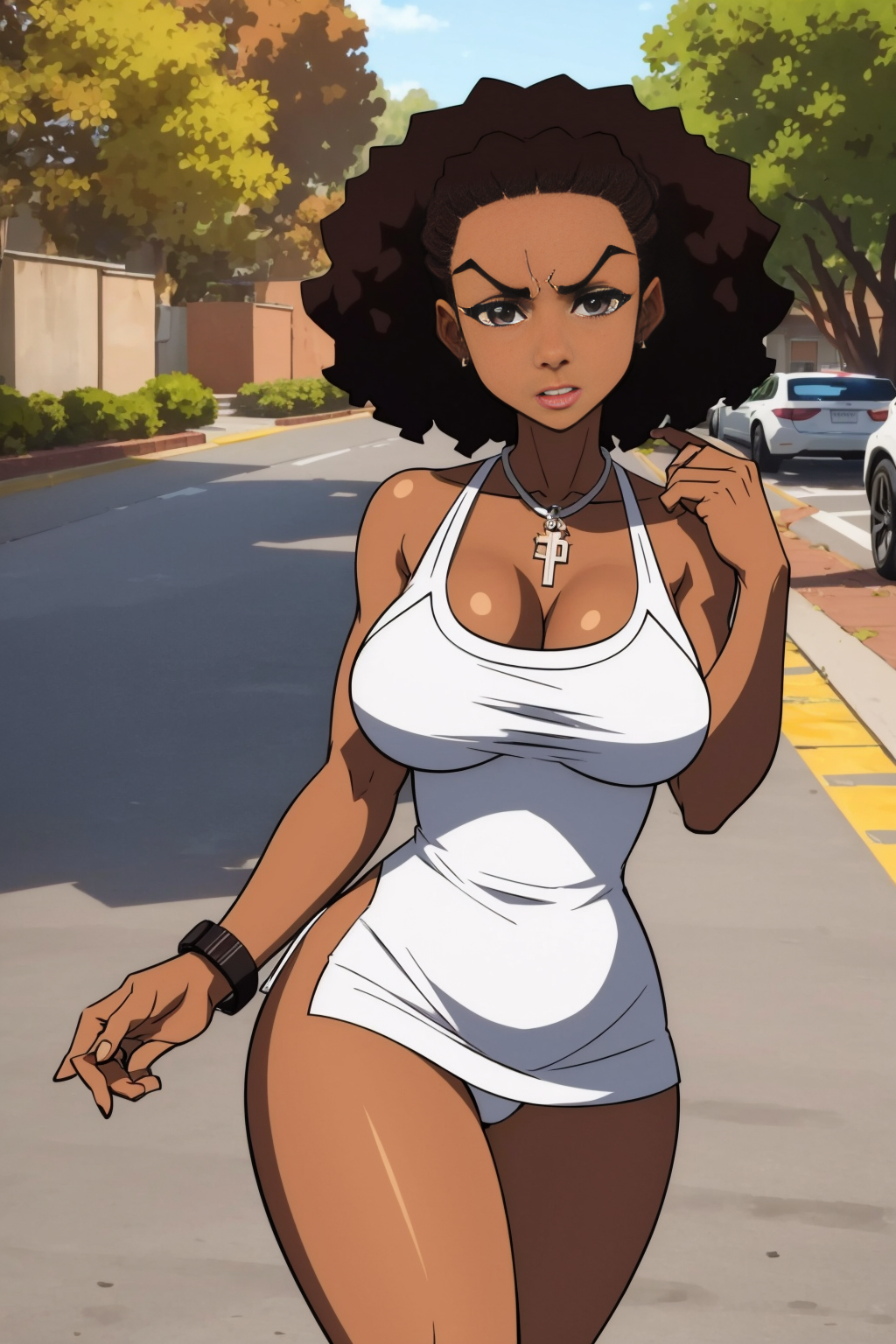 a woman with sexy body and outfit, walking in the sidewalk, (well draw eyes and eye pupil:1.2), EdobBoondocksArtStyle  <lora:EdobBoondocksArtStyle_v1.0:0.8>