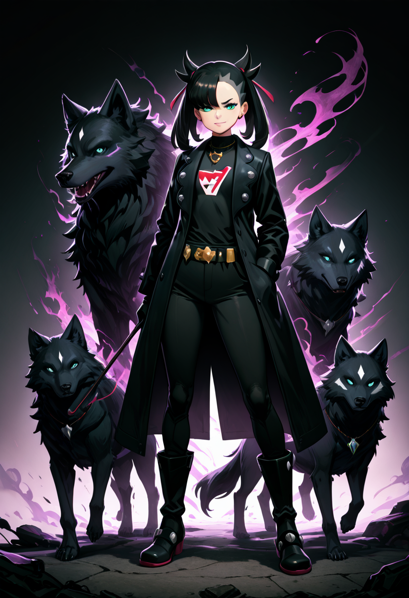 masterpiece, best quality,   zzMarnie, aqua eyes, black hair, twin tails, gradient background, long coat, black coat, trench coat, boots, black gloves, belt, pendant, jewelry, facial expression, confident smile, hand in pocket, holding, full body, solo, looking at viewer, animal, dog, wolf, smoke, cane, shirt, pants, gloves, stylish outfit, gradient, standing, open coat, black shirt, necklace, black pants, soft lighting. Under a smoky twilight gradient, zzMarnie stands with a quiet confidence, one hand tucked into her coat pocket while the other rests casually on a sleek obsidian cane. Her jet-black twintails sway behind her, framing the icy clarity of her aqua eyes. The trench coat, open and fluttering at the hem, reveals a sharply tailored outfitâblack gloves, a silver-buckled belt, and a glinting pendant that mirrors the faint city lights. At her side, a black-furred wolf stares ahead, its stance mirroring her poised authority. Smoke curls around her boots, blending into the soft haze of the dusk-lit alley, as her steady gaze meets the viewerâs with a smirk that says sheâs always ten steps ahead.  ,<lora:ShadowMagic_NAI:1.0>,   ,<lora:MarniePokemon_NAI_v2:1.0>,