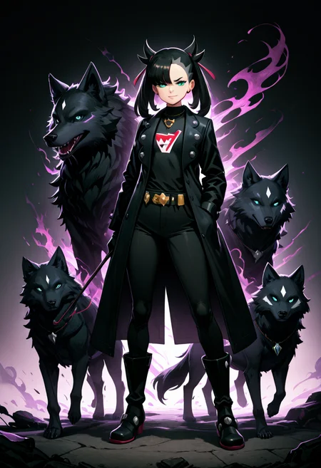 masterpiece, best quality,   zzMarnie, aqua eyes, black hair, twin tails, gradient background, long coat, black coat, trench coat, boots, black gloves, belt, pendant, jewelry, facial expression, confident smile, hand in pocket, holding, full body, solo, looking at viewer, animal, dog, wolf, smoke, cane, shirt, pants, gloves, stylish outfit, gradient, standing, open coat, black shirt, necklace, black pants, soft lighting. Under a smoky twilight gradient, zzMarnie stands with a quiet confidence, one hand tucked into her coat pocket while the other rests casually on a sleek obsidian cane. Her jet-black twintails sway behind her, framing the icy clarity of her aqua eyes. The trench coat, open and fluttering at the hem, reveals a sharply tailored outfitâblack gloves, a silver-buckled belt, and a glinting pendant that mirrors the faint city lights. At her side, a black-furred wolf stares ahead, its stance mirroring her poised authority. Smoke curls around her boots, blending into the soft haze of the dusk-lit alley, as her steady gaze meets the viewerâs with a smirk that says sheâs always ten steps ahead.  ,<lora:ShadowMagic_NAI:1.0>,   ,<lora:MarniePokemon_NAI_v2:1.0>,