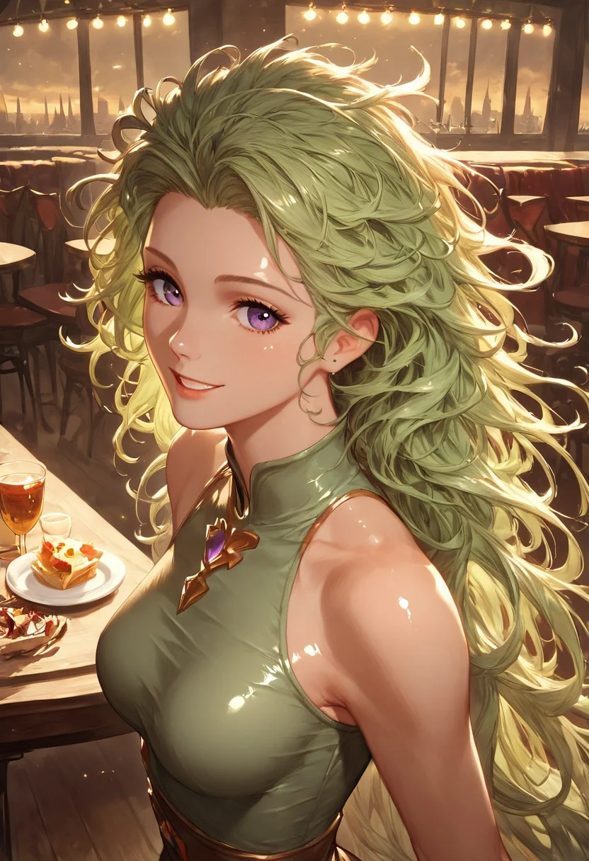 1girl, tina branford, green hair, violet eyes, green three-quarter shirt, brown skirt, (medium breasts), (petite body:1.2), messy hair, happy, looking at viewer, restaurant, standing, side view, taut clothing, headshot, long hair,
score_9, score_8_up, score_7_up, (masterpiece, best quality, very aesthetic, ultra detailed), intricate details, beautiful face, detailed eyes, detailed background, granblue_fantasy_style_xl, expressiveh, light from above, shiny skin, oiled skin,