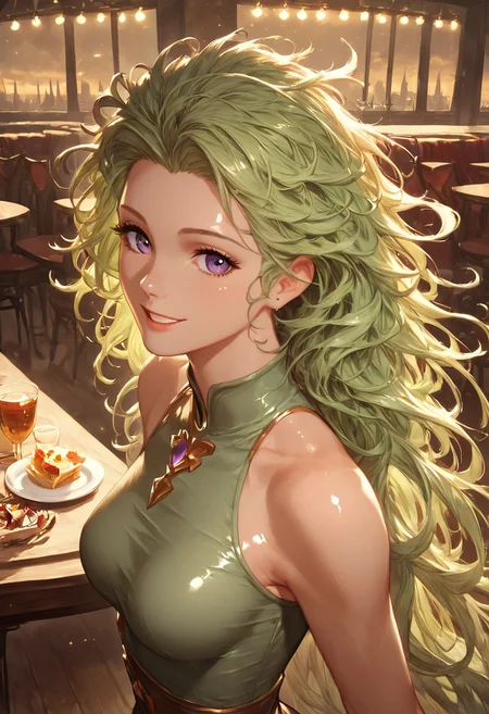 1girl, tina branford, green hair, violet eyes, green three-quarter shirt, brown skirt, (medium breasts), (petite body:1.2), messy hair, happy, looking at viewer, restaurant, standing, side view, taut clothing, headshot, long hair, 
score_9, score_8_up, score_7_up, (masterpiece, best quality, very aesthetic, ultra detailed), intricate details, beautiful face, detailed eyes, detailed background, granblue_fantasy_style_xl, expressiveh,  light from above, shiny skin, oiled skin,