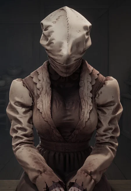 score_9, score_8_up, score_7_up, score_6_up, score_5_up, score_4_up, 1girl, <lora:TheNurseDBD_r1:0.8> solo, large breasts, eyeless, faceless, hood long sleeves, dress, upper body, sitting,
butcher room, dark background, indoors,