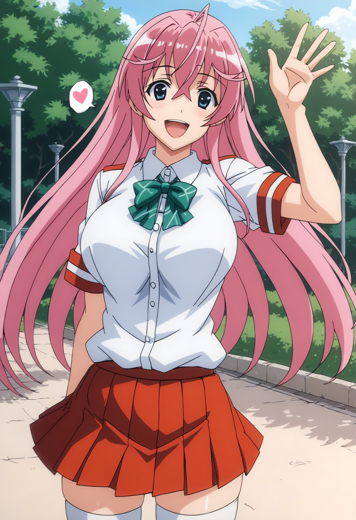 <lora:offset_0.2:0.6>, <lora:xl_more_art-full_v1:0.6>, <lora:add-detail-xl:0.7>,<lora:Smooth Anime 2 Style SDXL_LoRA_Pony Diffusion V6 XL:0.6>, <lora:sdxl_lightning_8step_lora:1>,<lora:sdxl-hairdetailer_02:0.6>
score_9, score_8_up, score_7_up, BREAK source_anime,best quality, masterpiece,anime screencap,source_anime,(ai-generated:0.8),
best quality, very aesthetic,absurdres,
otmn,<lora:Pony_otmn_v1_XL-000015:0.85>
1girl,solo,
pink hair,
large breasts,
smile,happy,v,
 white shirt,school uniform,short sleeves, red colored pleated skirt, green colored bowtie, white thighhighs, 
spoken heart, 
standing,waving, 
in school,