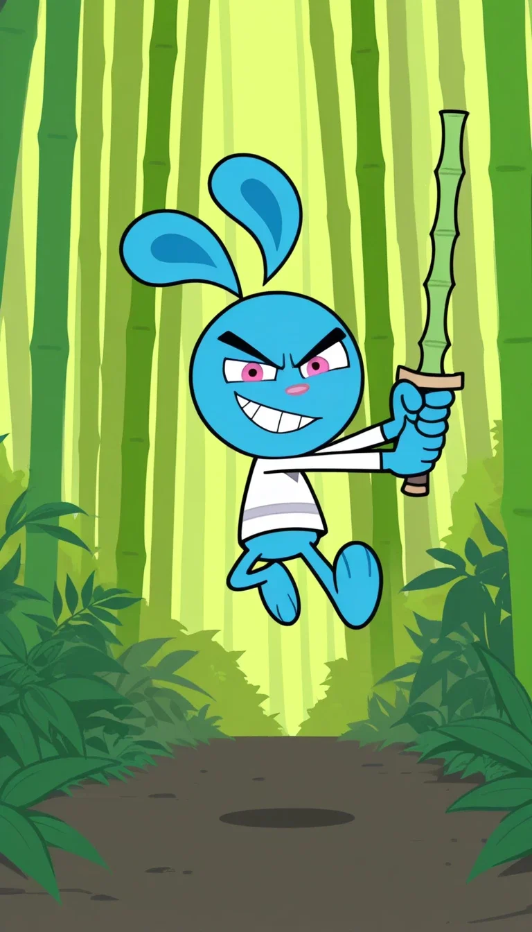 score_9, score_8_up, score_7_up, score_6_up, high quality, incredible quality, hires,rabbit,yang, solo, blue fur, pink eyes, rabbit, furry, solo, 1boy, jungle, forest, action pose, determined, smug, bamboo sword, holding sword, smirk, on air, jumping, white shirt,source_anime,score_9, score_8_up, score_7_up,source_anime,2dstyle, no shading,lineless,flat color,lineless, white training shirt