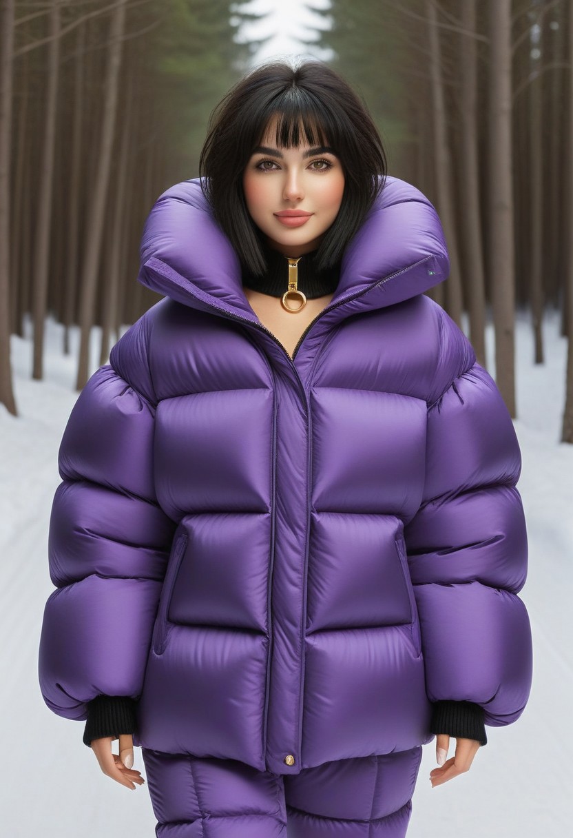 ((((puffer padded jacket)))), ((((puffer padded coat)))), ((((full body)))), ((((fur boots)))), ((((puffer pants)))), ((((puffer hood up)))), winter, snow, forest, 1girl, solo, (masterpiece), detailed face, detailed eyes, (beautiful detailed eyes:1.5), sidelighting, (super detail, hyper detail, intricate_details, detailed), (semi realistic:1.6), (Bob cut), blunt bangs,(black hair), (purple eyes, eyelashs), tanned skin, smug smile, angry face, Golden jewelery, golden rings, golden necklace, golden armlets, golden chains, padded cuffs, padded collar, Thick padded cuffs, Thick padded collar, <lora:Collar-SDXL:0.6>, <lora:Cuffs-SDXL:0.6>, <lora:Puffer_Jacket_and_Down_Jacket_-_Extra_Puffy_Jackets:0.4>, <lora:snowpants_v1:0.4>