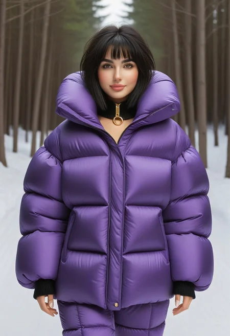 ((((puffer padded jacket)))), ((((puffer padded coat)))), ((((full body)))), ((((fur boots)))), ((((puffer pants)))), ((((puffer hood up)))), winter, snow, forest, 1girl, solo, (masterpiece), detailed face, detailed eyes, (beautiful detailed eyes:1.5), sidelighting, (super detail, hyper detail, intricate_details, detailed), (semi realistic:1.6), (Bob cut), blunt bangs,(black hair), (purple eyes, eyelashs), tanned skin, smug smile, angry face, Golden jewelery, golden rings, golden necklace, golden armlets, golden chains, padded cuffs, padded collar, Thick padded cuffs, Thick padded collar, <lora:Collar-SDXL:0.6>, <lora:Cuffs-SDXL:0.6>, <lora:Puffer_Jacket_and_Down_Jacket_-_Extra_Puffy_Jackets:0.4>, <lora:snowpants_v1:0.4>