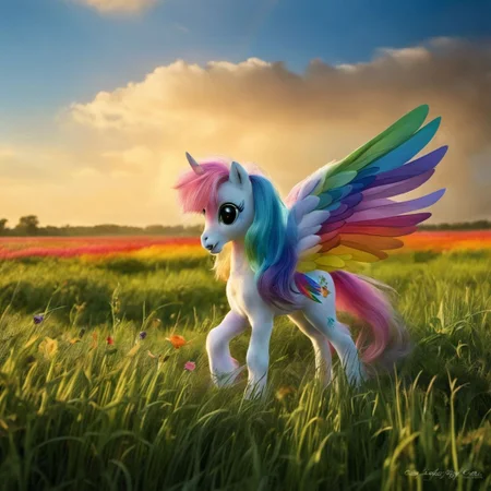 A winged rainbow MLPIRL in a field of colors <lora:MLPIRL_-_My_Little_Pony_In_Real_Life:1.0>