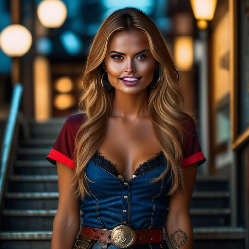captivating eyes, lighting and shadows., and "realistic rendering"., featuring a gorgeous professional female Instagram influencer model with long reddish-blonde hair and captivating eyes. She is posing in a busy city at night with glows from the neon signs and the moonlight. The camera angle is low, wearing a dark gothic outfit, breasts, and "dynamic"., stairs, incredibly detailed portrayal. She wears worn and tattered pirate clothing, denim, proudly holding the Women’s Championship belt. The image should capture every detail of her expression, gorgeous professional female Instagram influencer model, emphasizing the dynamic and intense atmosphere, textures, hoop earrings, the texture of the belt, standing in a shadowy, low-neckline short red dress, exciting locations. The scene should be highly detailed with realistic textures and lighting. Use keywords like "Photorealistic", realistic, Low Light, 85mm lens